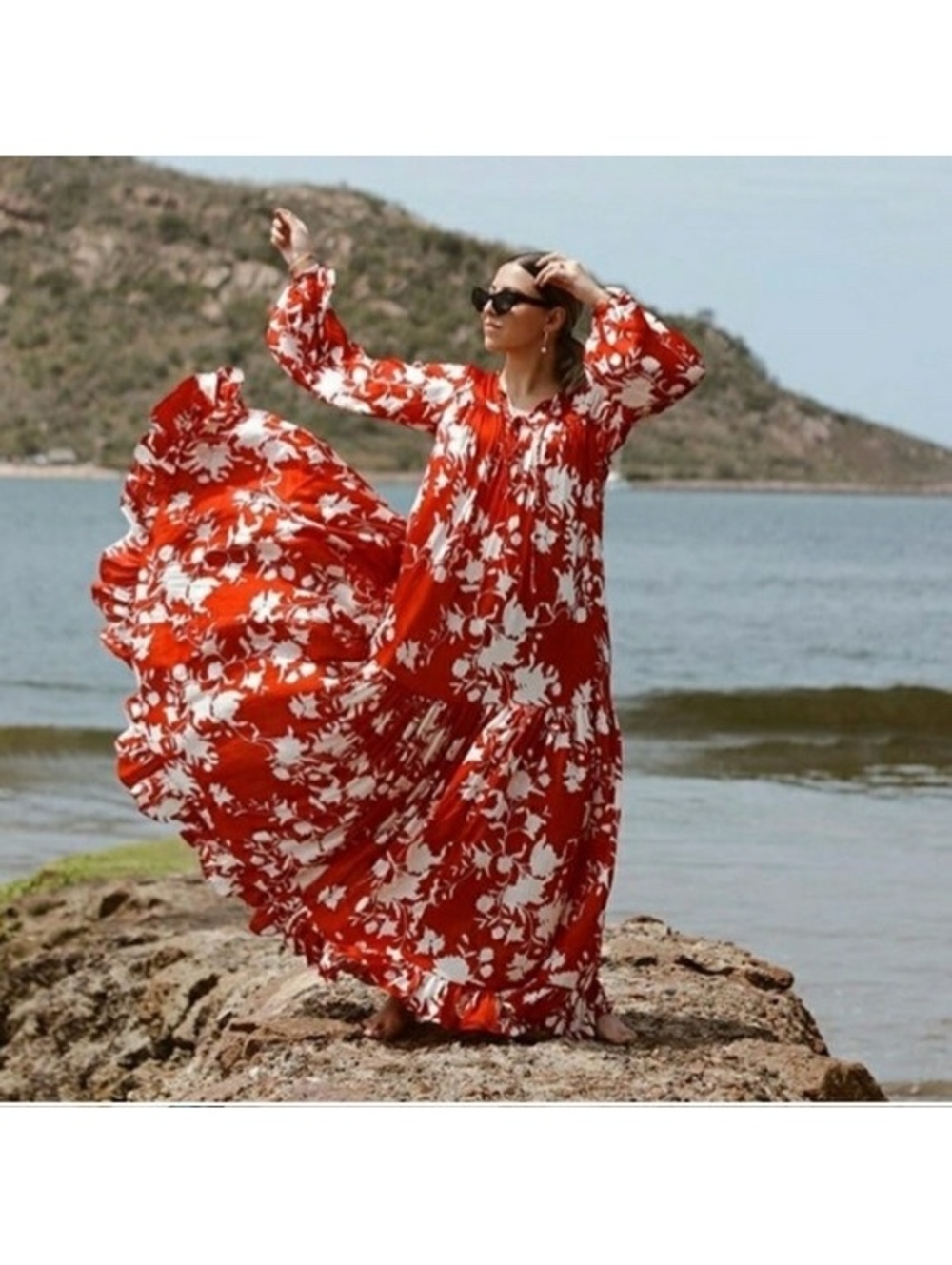 Johanna Ortiz H&M Red White Floaty Satin Floral Maxi Dress Size M